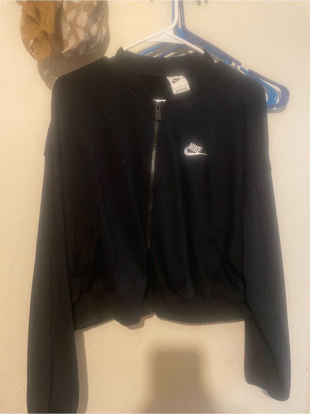 Nike Women's Black Zip-Front Varsity Jacket with White Logo